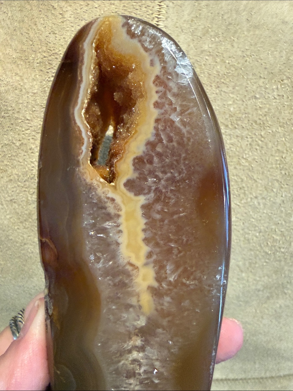Artisan Brown and Cream Agate Sculpture w/ Druzy on Stand - Picture 3 of 10